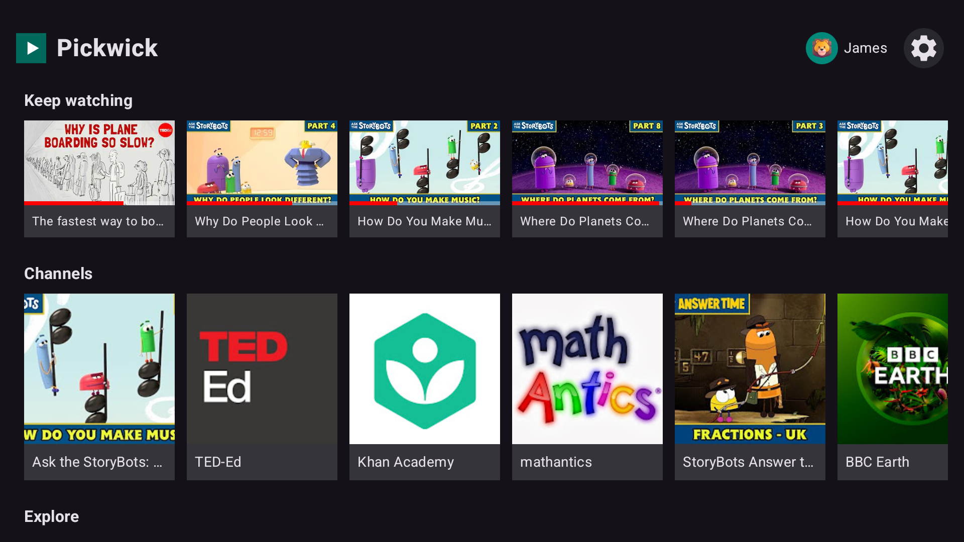 Pickwick home screen on Google TV: a 'Keep watching' row above a grid of parent-chosen channels.