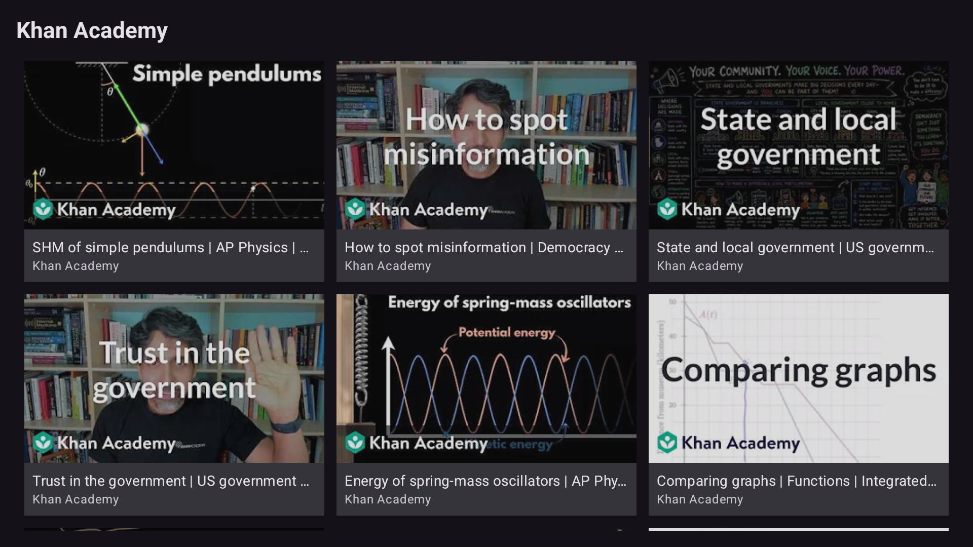 A grid of Khan Academy videos inside the channel, ready to play fullscreen.