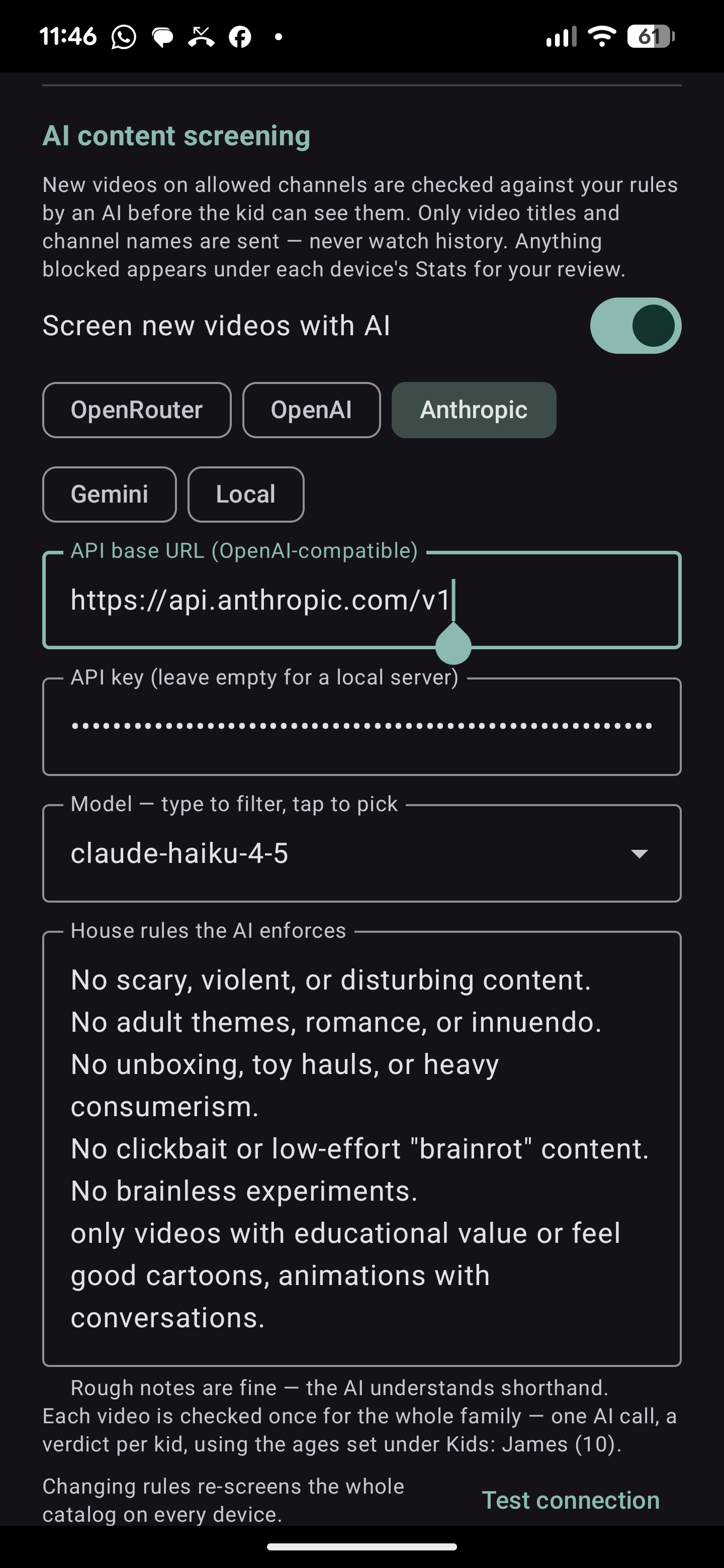 AI content screening settings: provider, model, and the parent's house rules the AI enforces.