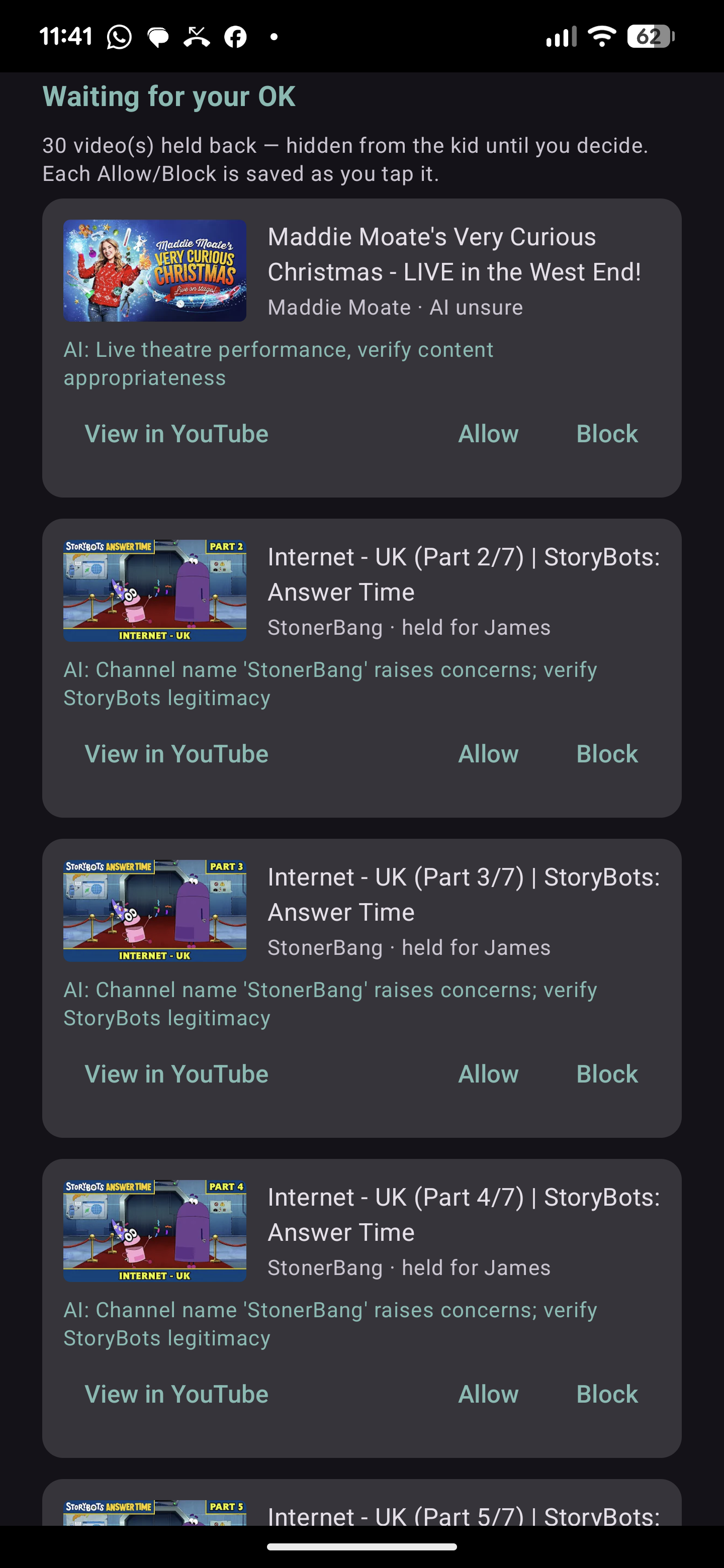 The approval queue: videos held back with the AI's reasoning, each with Allow and Block buttons.