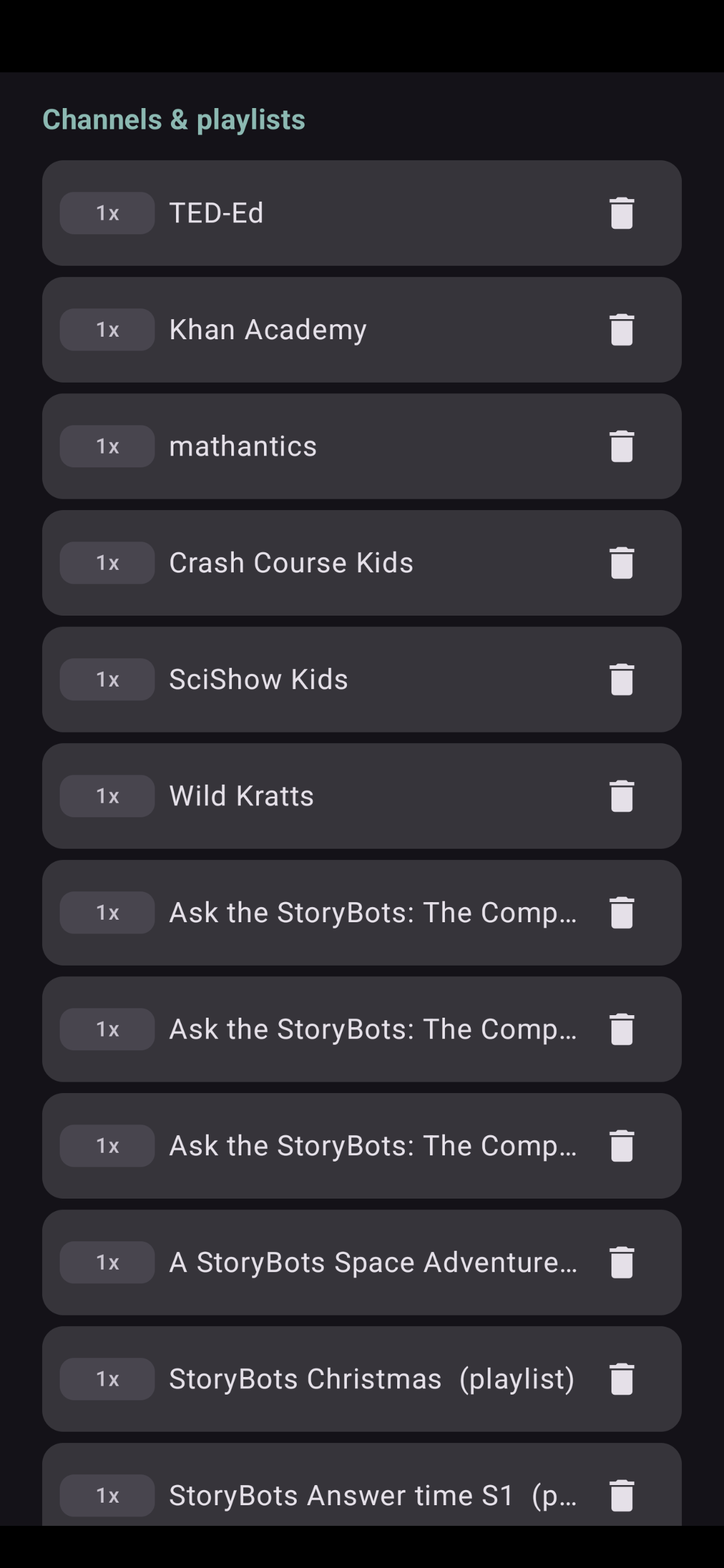 The channel list: every allowed channel and playlist, each with a screen-time multiplier.