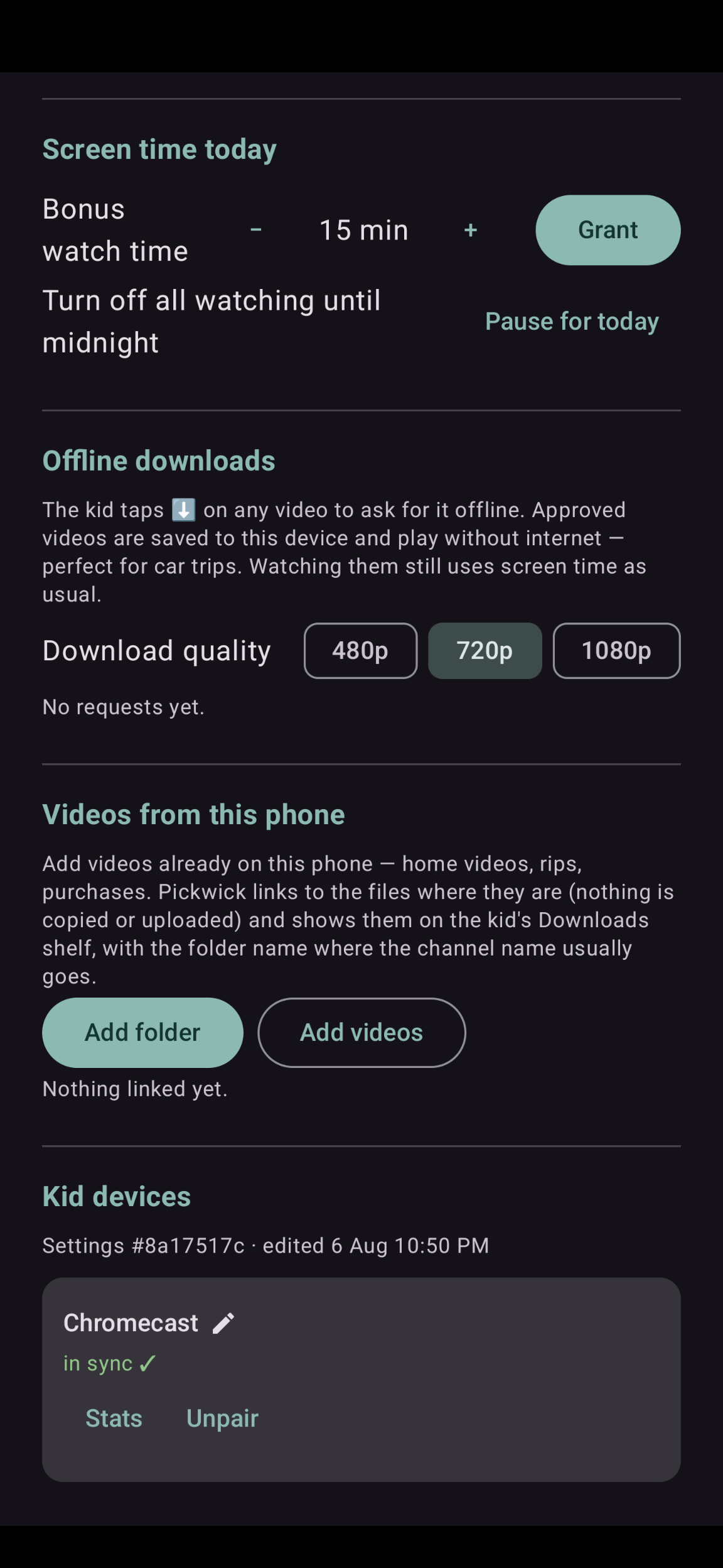 Screen-time grants, offline download quality, and paired kid devices shown in sync.