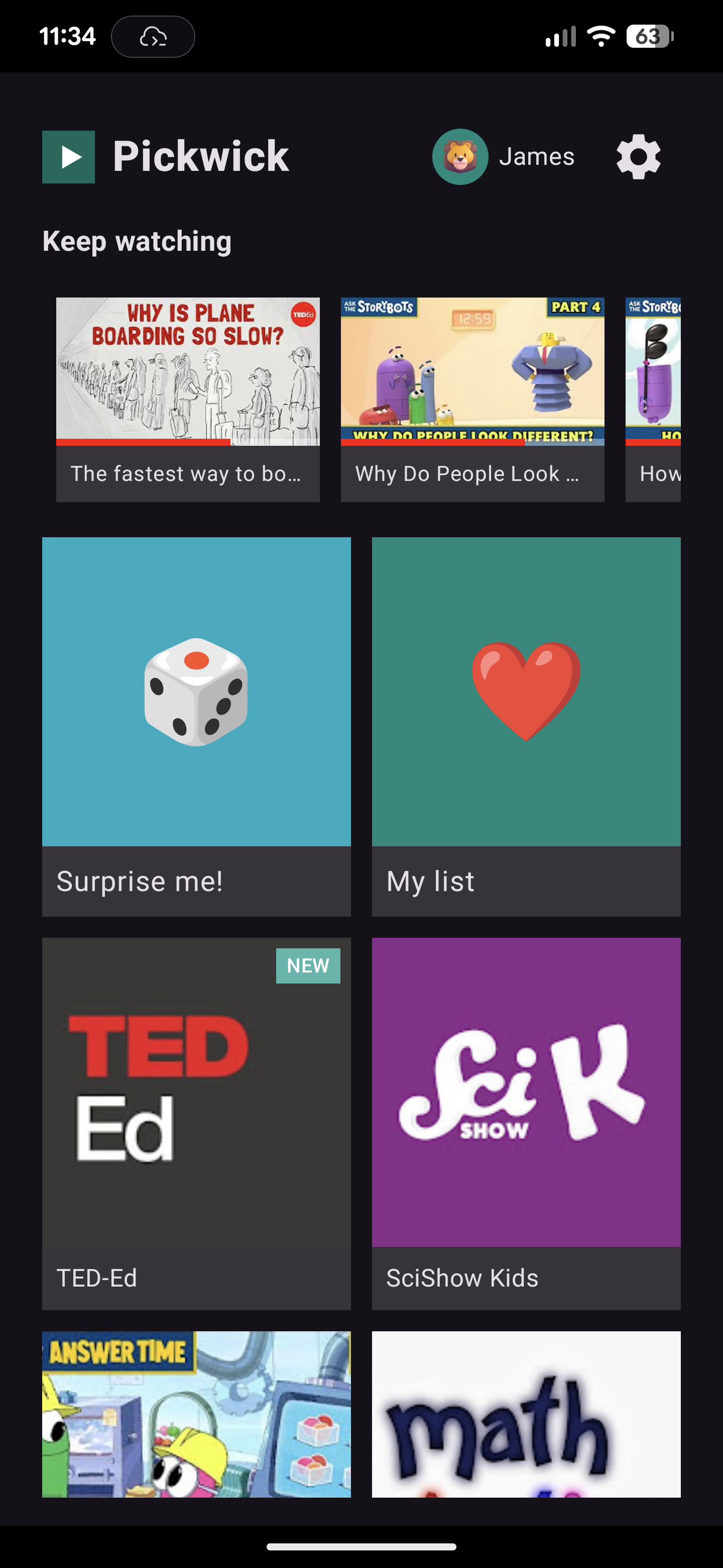 Pickwick home screen on an Android phone: Keep watching, Surprise me, Favorites, and parent-chosen channels.