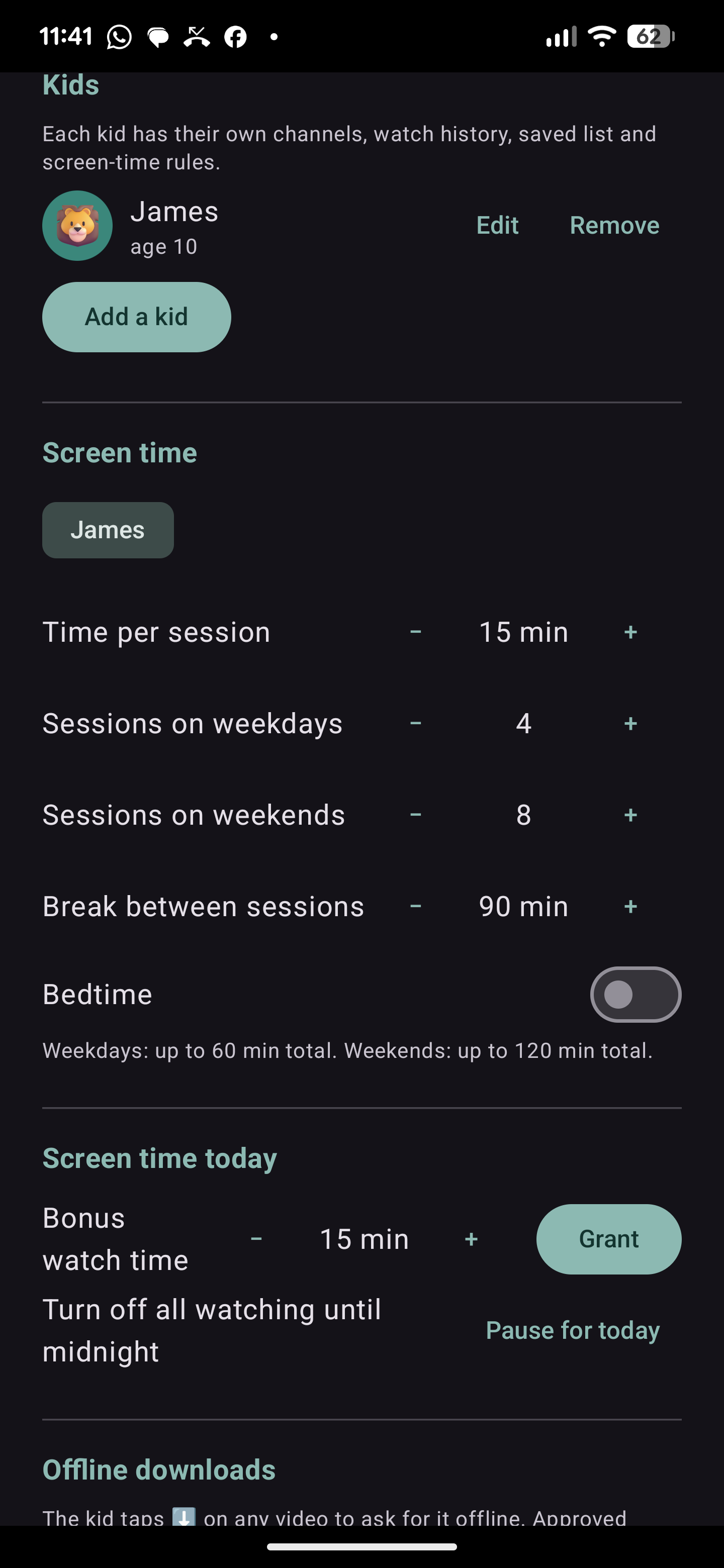 Parent settings: a kid profile with screen-time controls for sessions, breaks and bedtime.