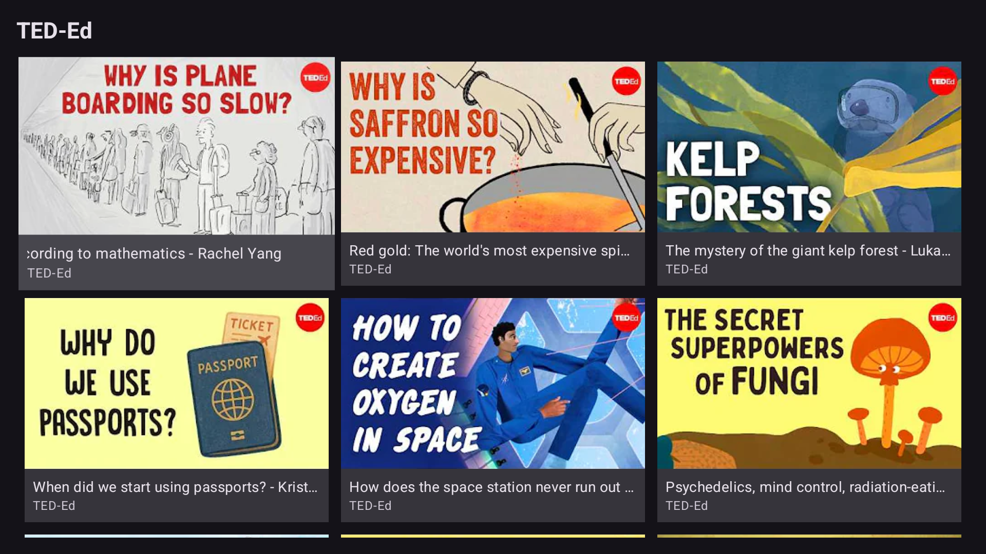A grid of TED-Ed videos inside the channel, with colourful thumbnails and titles.